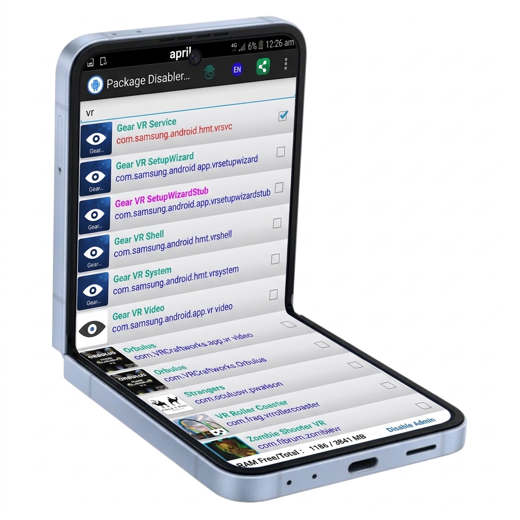 Package Disabler running on a foldable Android phone